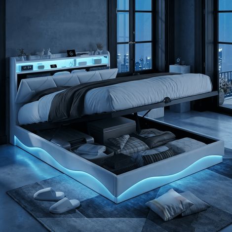 Lit coffre 140x200, lit 140x200 avec sommier, lit adulte, lit double capitonné, grande capacité de rangement, éclairage LED et ports USB, velours, blanc (1/5)