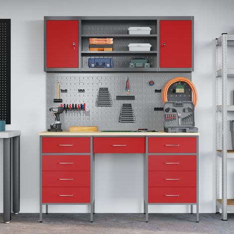 Work Cabinet 7 pcs Red and Grey Engineered Wood and Steel vidaXL