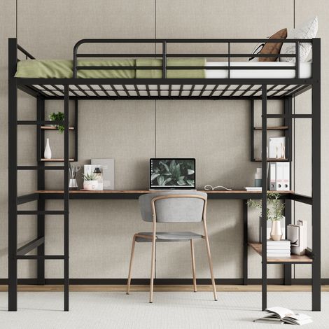 Cadre lit métal 140×200cm noir,lit mezzanine fer avec bureau,4 étagères et bibliothèque,sans matelas,pour tous âges