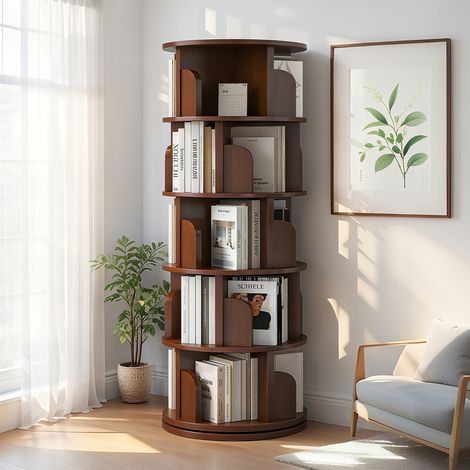 Bibliothèque 5 niveaux - Étagère rotative 360° – basculement – tiroir – roulettes – 46×46×173 cm (1/5)