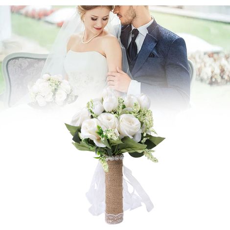 Ramo de novia artificial  Plástico  22 x 21 x 27 cm  Elegante y moderno  Flores blancas lechosas para fotografía de bodas (1/5)