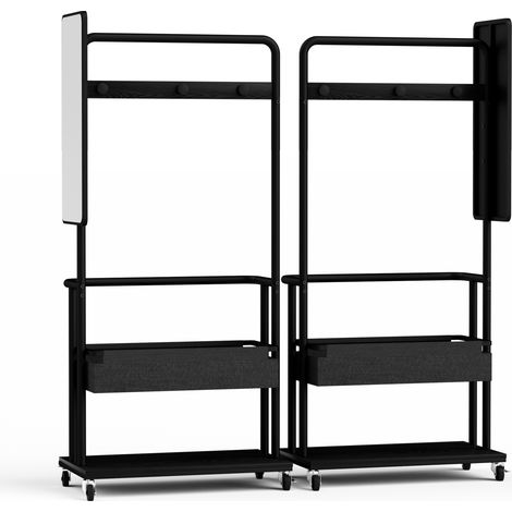 Porte-manteau mobile en métal noir avec miroir 70x40x170 cm, design 3-en-1 avec panier et patères (1/5)