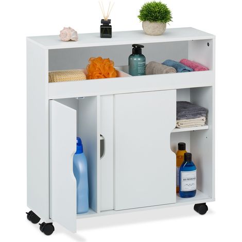 Relaxdays Nischenschrank, 3 Fächer, 2 offene Ablagen, H x B x T: 71,5 x 70 x 20 cm, Bad, Küche, MDF, Rollwagen, weiß