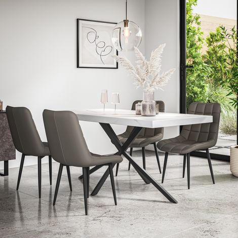 Donni Dining Table And Chairs - White Marble Effect Table Top w Black Legs + Nova Faux Leather Dining Chair Set Of 6 (Grey) (1/5)