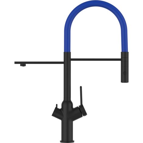 Rubinetto 3 vie miscelatore cucina Nero Opaco con canale separato per acqua filtrata, canna blu movibile e doccia due getti staccabile - serie BOD