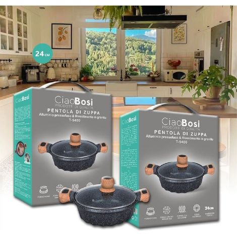 Trade Shop - PENTOLA TEGAME FÜR ZUPPA RIVESTITO GRANITO CON COPERCHIO FONDO BASSO 24CM T-9480 - (1/5)