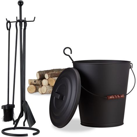 ensemble de cheminée 6 pièces, seau à cendres, outils cheminée 5 pièces avec pelle, balai, tisonnier, pince, noir (1/5)