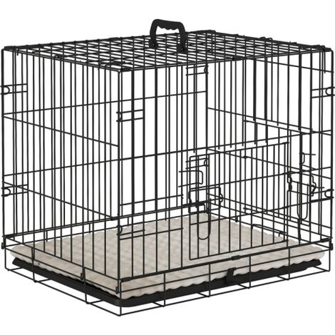 Foldable Dog Crate for Small Dogs with Two Doors and Tray, Soft Cushion, Compact Size 60x40x50cm, Black Color (1/5)