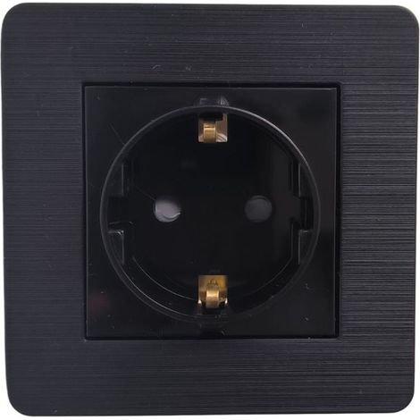 Enchufe Empotrable Negro Brillante con Marco Rayado – Serie Selene, 16A (1/2)