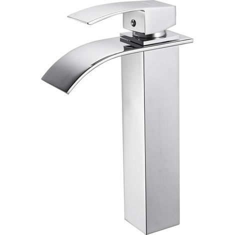Robinet de salle de bain haut, mitigeur lavabo cascade moderne mitigeur monocommande, robinet lavabo à poser froid et chaud pour salle de bain, chrome