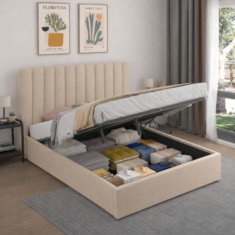 Bett mit Aufbewahrungsbox 140x190 cm beige Samt SAVANNAH (1/5)