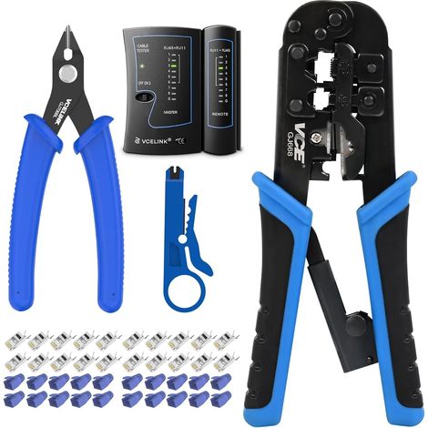 Kit de Sertissage, Pince à Sertir RJ45 avec 20 Connecteurs Cat7 testeur RJ45 et pince coupante incluse, connecteurs pass through, outil complet pour installation câble réseau cat6 cat7 (1/5)