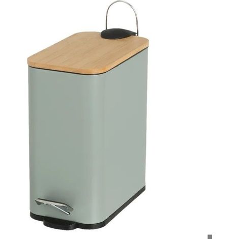 Poubelle à Pédale 5L en Métal Vert et Couvercle en Bambou avec Seau Intérieur-Longueur 25 x Profondeur 14 x Hauteur 27cm (1/5)