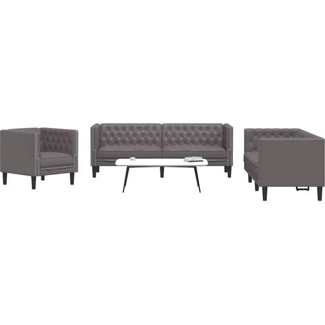 3-tlg. Chesterfield-Sofa-Set Grau Kunstleder