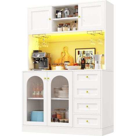 Buffet latéral / meuble de rangement / meuble de cuisine / buffet, 120x40x188cm, style maison de campagne, 4 portes, avec bande lumineuse LED et porte-gobelets, Noir/Blanc