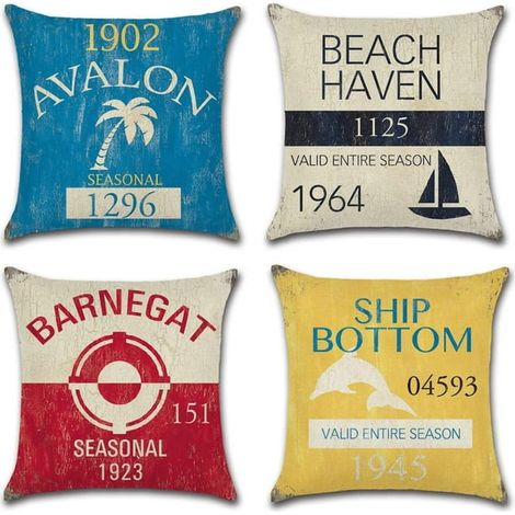 Housse de coussin déco style rétro bord de mer 45 x 45 cm, lot de 4 taies d'oreiller nautiques pour coussin d'intérieur, 18 x 18 pouces (1/5)