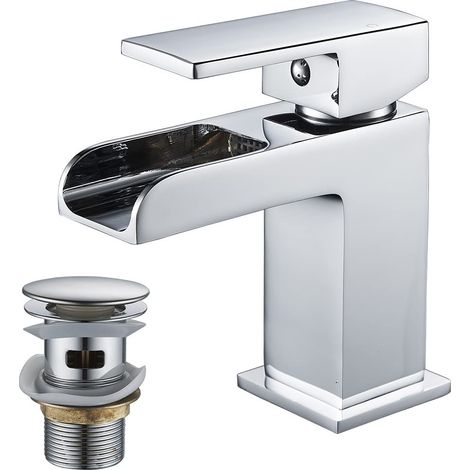 Robinet de lavabo cascade avec bonde de vidage, robinet mitigeur d'évier à levier unique en laiton chromé (1/5)
