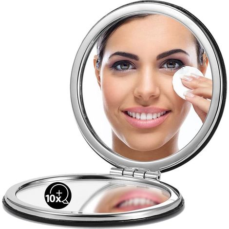 Miroir Compact, Cuir PU Classique grossissement 1X/10X, Poche Ultra Portable pour Porte-Monnaie et Voyages (Noir) (1/5)
