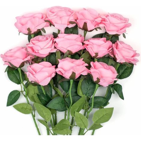 12 pièces Fleurs de Roses artificielles, Roses en Soie Tige Unique réaliste Faux Bouquet de Rose pour Mariage Douche Nuptiale décorations de Jardin à la Maison (Rose) (1/4)