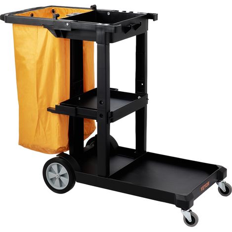 Chariot de nettoyage professionnel 3 étagères, capacité 200 lbs, chariot de ménage avec sac PVC 25 gallons, jaune et, noir (1/5)