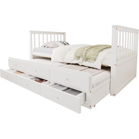 Lit simple 90x200 cm avec lit gigogne, 3 tiroirs de rangement et structure en bois et MDF, blanc, idéal pour chambre enfant et petits espaces - CHICFURN (1/5)