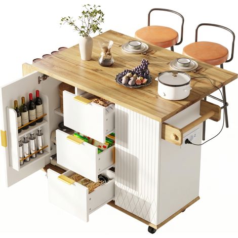 Ensemble chariot de cuisine avec tabourets de bar, meuble îlot de cuisine mobile avec prise électrique et tabourets de bar ergonomiques, aspect bois blanc (1/4)