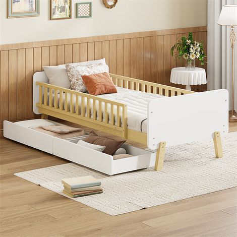 Lit simple 90x190cm avec 2 tiroirs, en bois massif avec sommier à lattes, blanc (1/5)