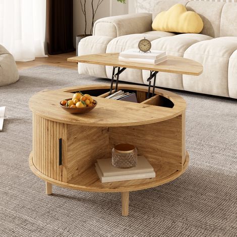 Table basse ronde relevable 80x80x59 cm, table de salon couleur chêne avec rangement compartimenté, porte coulissante à lattes, pieds pin massif (1/5)