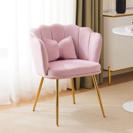 Chaise de salle à manger 62x54.5x77c, chaise en velours avec dossier en pétales, coussin papillon, pieds en métal doré, rose (1/5)