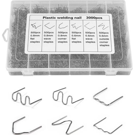 3000 PCS Soudure Plastique Agrafe, 6 types d'agrafes, Agrafes de Soudage de VoitureBaguettes de Soudage Agrafe pour Réparation de Pare-Chocs de Voiture, Soudage de Carrosserie, Agrafes Inoxydable (1/4)