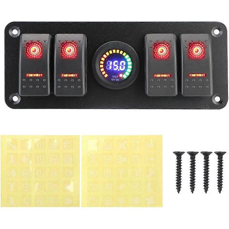 Panneau de commande étanche 12/24 V 4 en 1 avec interrupteur à bascule, disjoncteur, voltmètre et double voyant LED pour voiture, bateau, caravane et camping-car. (1/5)