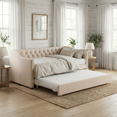 Divano letto estraibili 90x200 allungabile, letto capitonné con rete a doghe in legno, design capitonné con rivetti, per bambini e adulti, lino, stile moderno scandinavo(90x200cm, Beige)