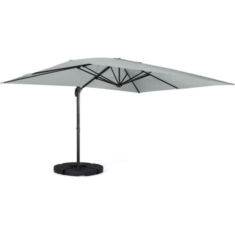 Idmarket – Parasol déporté inclinable rotatif 360° gris clair 3x4 m – Mât en aluminium – 4 dalles de lestage – Housse de protection incluse
