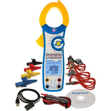Peaktech P 1660 – Pinza Amperometrica Efficiente con USB, 1000A Ca, 9999 Conteggi, Multimetro Digitale per Kw, kWh, Kva, Tüv/Gs, Pinza Amperometrica, Voltmetro senza Contatto, Tester di Continuità (1/5)