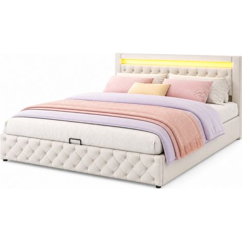 CHICFURN Lit coffre tapissé blanc avec éclairage LED et sommier à lattes 180 x 200 cm (1/5)