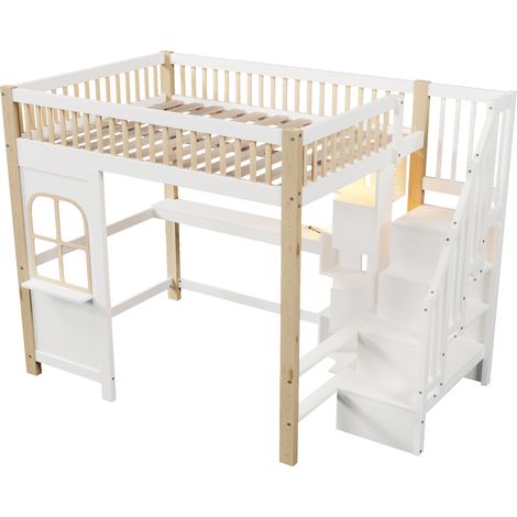 Lit mezzanine 140x200 cm avec éclairage LED, forme de fenêtre, échelle de rangement, compartiment de rangement ouvert, bureau, prise, sans matelas, blanc+naturel (1/5)