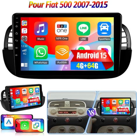 Apple CarPlay pour Fiat 500 (2007-2015) - Autoradio 9" 32/64 Go Android 15 avec GPS et Wi-Fi - 4+64G
