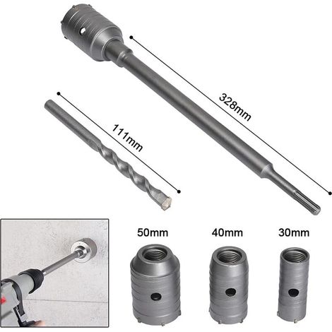 Lochsägen-Set, Ø 30 mm, 40 mm, 50 mm, Betonlochsäge 350 mm SDS Plus Verlängerungsstange Wolframkarbidspitze, Lochsäge für Ziegel, Stein, Beton, Zement (Rundgriff)