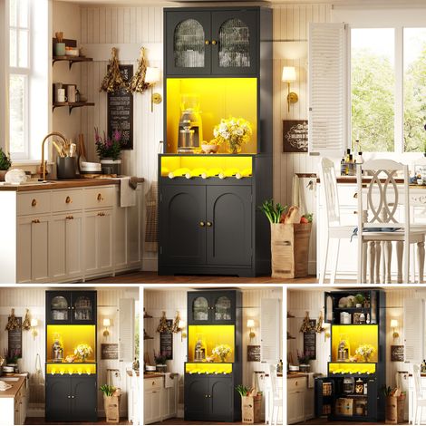 Buffet haut 180 cm noir avec LED RGB contrôlée par application, portes vitrées bombées, cave à vin et dispositif anti-basculement, étagères réglables (1/5)