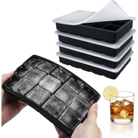 Moule à Glaçons Lot De 4 Moule à Glaçons En Silicone Au Total 60 Compartiments Pour Faire Un Grand Glaçon Carré Pour Réfrigérateur Whisky Cocktail Vin Purée De Fruits Crème Glacée (Noir) (1/5)