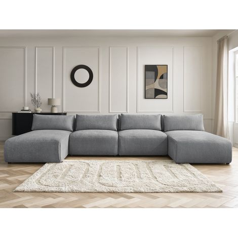 BOBOCHIC - Canapé panoramique fixe modulable avec têtières JANA tissu texturé avec 2 méridiennes et 2 chauffeuses   Gris foncé