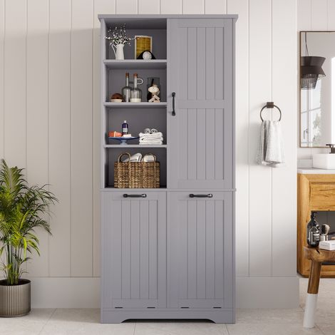 Meuble de salle de bain,Colonne, avec 4 compartiments ouverts, étagères réglables, peinture hydrofuge, double panier à linge, grand espace de rangement, 78 x 35 x 172 cm, Gris (1/5)