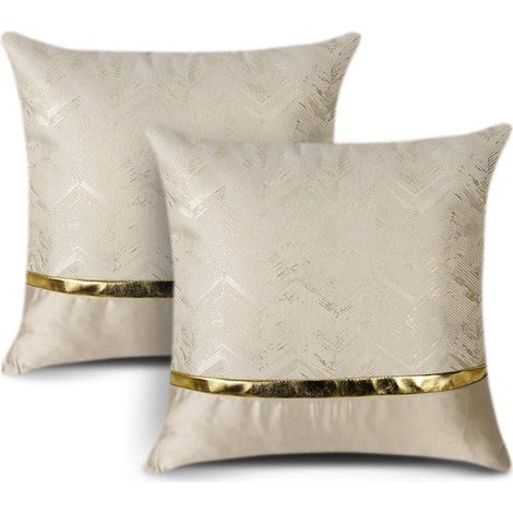 Set of 2 Square Cushion Covers for Bed, Sofa, Car Decor, Modern, Minimalist, Gold Leather with Wavy Stitching, 40 x 40 cm (Beige)