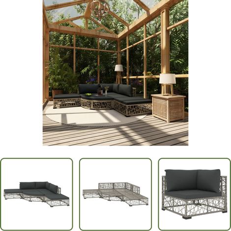 Rattan-Lounge-Set - 6-tlg. Garten-Lounge-Set mit Kissen Poly Rattan Grau (1/5)