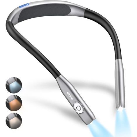 Rechargeable Neck Reading Lamp, Bedside Reading Light, Stepless Dimming & 3 Eye-Protecting Colors with Memory Function, 80+ Hour Battery Life, Ergonomic Neck Strap - Gray (1/5)