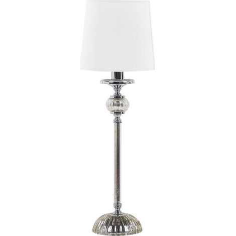 Lámpara de mesa base de metal plateado pantalla blanca estilo glamour Kubena (1/5)
