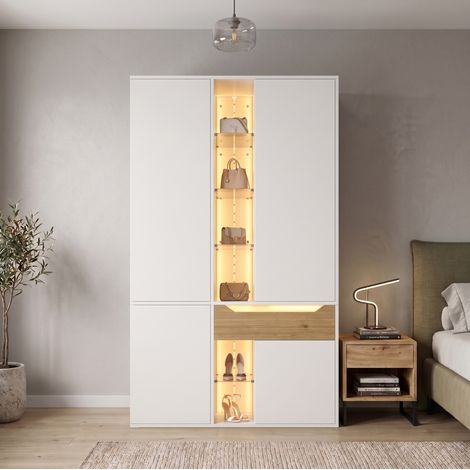 MODFU – Armadio 122x50x200 cm in truciolato/MDF/vetro con vetrina, 2 LED, appendiabiti, cassetto, 12 scomparti e carico 30/20 kg – Bianco (1/5)