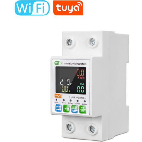 Disjoncteur intelligent Tuya WIFI avec compteur d'énergie hybride rétroéclairé, réenclencheur automatique, écran LCD, application de contrôle à distance et compatibilité Alexa