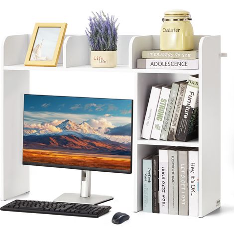 VEVOR Etagere a Poser sur Bureau a 2 Niveaux, Bibliotheque de Bureau 94,5x24,1x73,4 cm, Organisateur de Bureau en Bois, avec Pieds Antiderapants, Support de Rangement Stable pour Maison Dortoir, Blanc