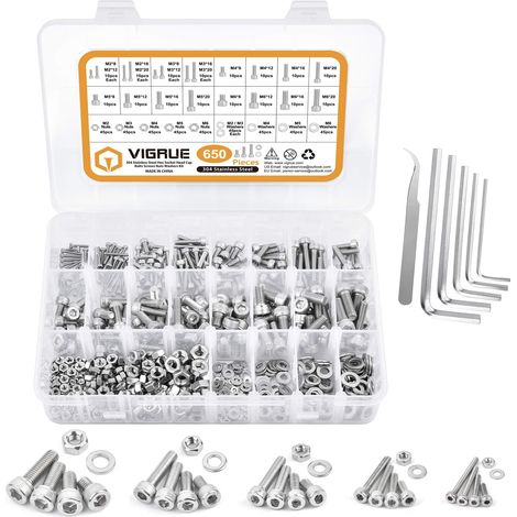 Lot de 650 vis à six pans creux M2 M3 M4 M5 M6 en acier inoxydable 304 filetage complet avec écrous et rondelles dans une boîte d'assortiment (1/5)